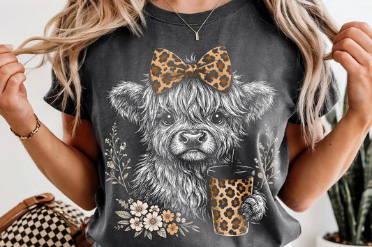 Cute Highland Cow Iced Coffee Graphic T-Shirt - Leopard Print Bow Western Country Tee